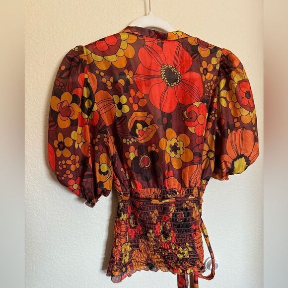 Vintage 80s Floral Silk Blouse Top Sz Small Puff‎ Sleeve Rust Orange Retro - Picture 3 of 6